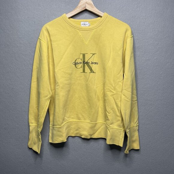 Vintage Calvin Klein Jeans Embroidered Spellout Yellow Crewneck Sweatshirt S USA - Picture 1 of 6